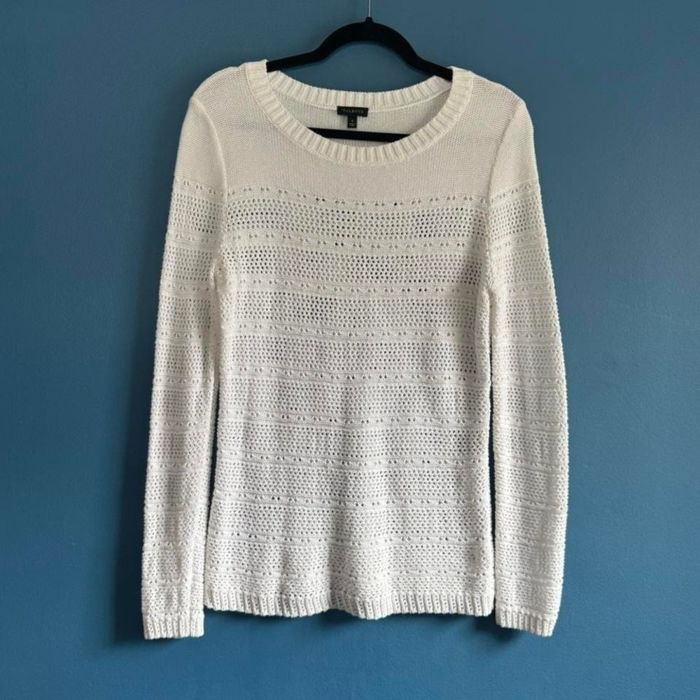 Talbots 100% Cotton Sweater White Women's Size Small Knit Long Sleeve‎ Sheer